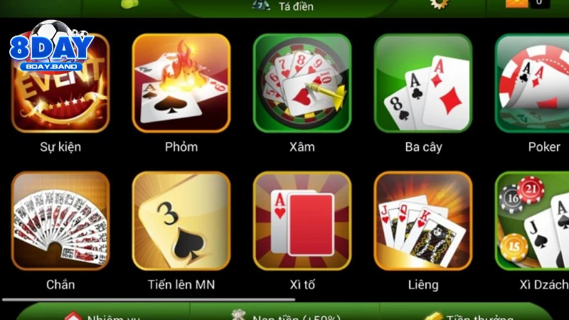 Các tựa game bài HOT tại sảnh 8DAY